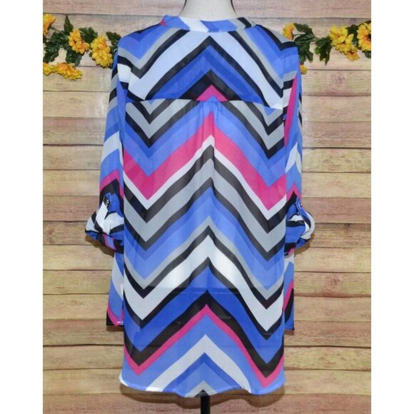 NY Collection Ladies 2X Chiffon Semi Sheer Chevron Stripe Blouse Top Half Button - Picture 6 of 14